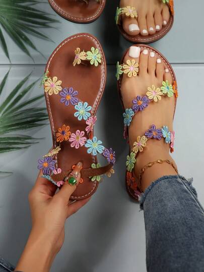 New Plus Size Vacation Peep Toe Dark Brown Casual Fashion Sunflower Flat Sandals, Summer