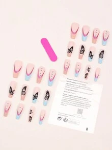 24入組法式塗鴉美甲貼紙,附帶1個果凍膠和1個指甲檔 - 彩色 - 查看 3