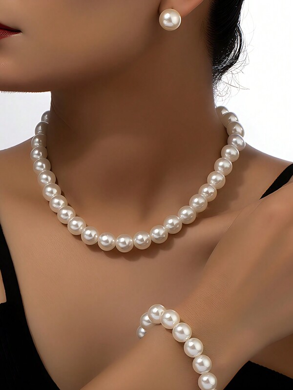 1 Set 4pcs Fashionable Minimalist Daily Wear Faux Pearl Earrings & Necklace Set, Vintage Collarbone Chain Accessory, Suitable For Ladies' Casual Outfits