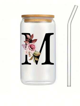 1pc,450ml Letter Flower A - Z Coffee Mug For Office And Home,  High Borosilicate Heat-Resistant Glass Cup With Bamboo Lid And Straw, Birthday Gifts For Women, Mom, Best Friend, Bride, Bridesmaid Gift