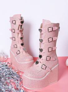 Women Gothic Pink Glitter Platforms & Wedge Mid-Calf Boots, Heels Boots, Pink Outfit Clothes, Spring Summer Travel Shoes, St Patrick Day - Pink - View 5