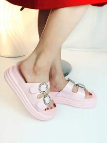 Sandalia De Verano De Tacón Alto Con Plataforma Para Mujer, Correa Con Efecto Brillante, Doble Hebilla De Pedrería, Puntera Abierta Y Diseño De Moda - Rosa - Ver 5