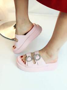 Sandalia De Verano De Tacón Alto Con Plataforma Para Mujer, Correa Con Efecto Brillante, Doble Hebilla De Pedrería, Puntera Abierta Y Diseño De Moda - Rosa - Ver 7
