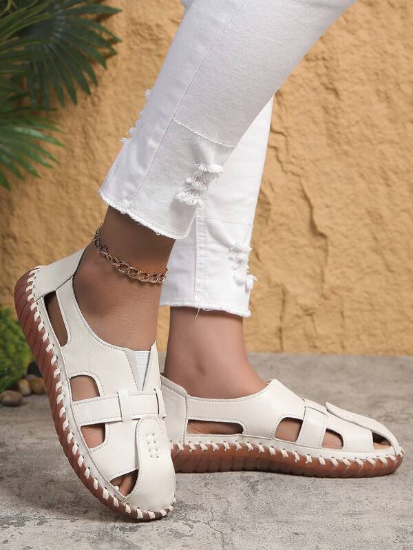 Women's Soft Leather Hollowed Out Flat Shoes, Half Covered Toe, Slip-Resistant Sole, Comfortable, Breathable, White, Suitable For Summer And Moms