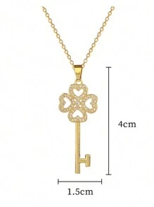 1pc Stainless Steel Lucky Clover Key Shaped Gorgeous Full Rhinestone Pendant Necklace For Women Valentines,Mom,Mother,Mother's Day,Gift