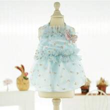 1件寵物衣服,春夏薄款金色壓花心形和蝴蝶結吊帶裙,透氣,適合比熊、泰迪、柯基等 - 藍色 - 查看 12