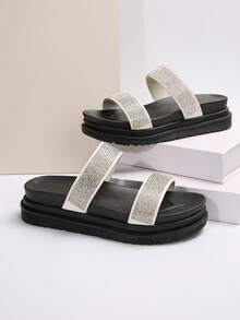 2024 Mùa xuân/Mùa hè Mới Đế dày Cao gót Nàng tiên Phong cách Ngoài trời Thời trang Pha lê Giải trí Dép quai hậu - Màu be - Xem 5