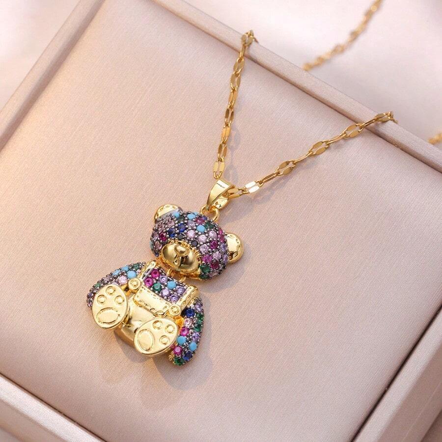 [aço De Titânio] Colar Com Pingente De Urso De Pelúcia Luxuoso E Elegante Para Mulheres, Brilhante Com Strass Completo, Perfeito Para Várias Ocasiões