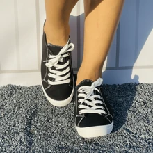 女士春夏新款时尚舒适平底休闲防滑耐磨轻便低帮圆头系带纯黑色跑步鞋纯色运动鞋 - 黑色 - 查看 5