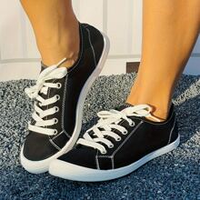 女士春夏新款时尚舒适平底休闲防滑耐磨轻便低帮圆头系带纯黑色跑步鞋纯色运动鞋 - 黑色 - 查看 2