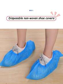 1 包/100 件一次性鞋套,加厚不織布,成人家用防滑塑膠防水室內學生鞋套 - 藍色 - 查看 2