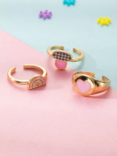 3pcs/Set Girls' Colorful Enamel Heart & Rainbow Open Ring Set