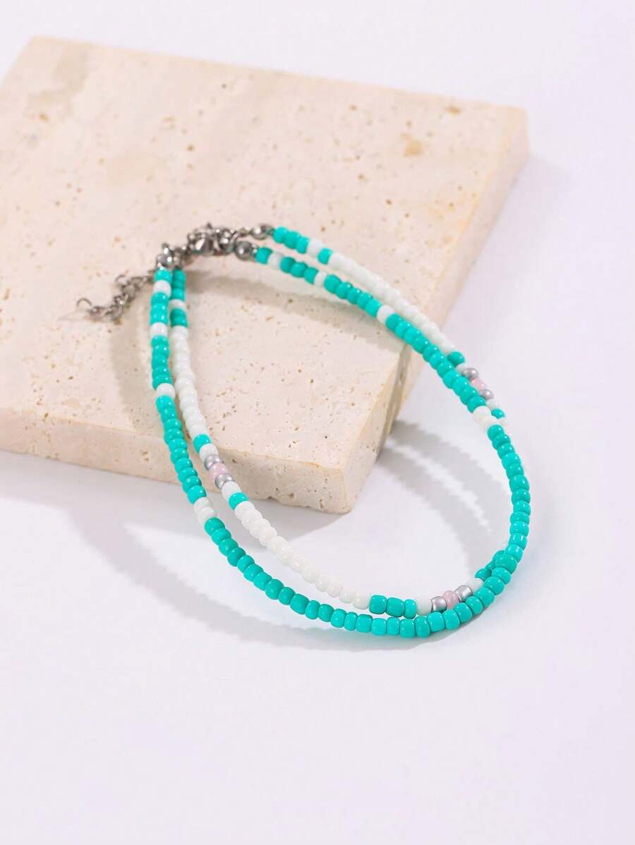 1pc Bohemian Style Colorful Rice Bead Anklet, Handmade Stringed Jewelry For Daily Wear By Women - Green - View 1