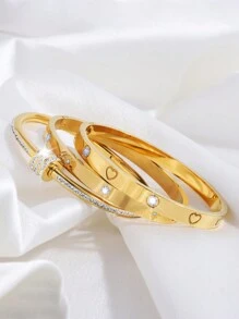 3入組精美時尚中性不鏽鋼旋轉+單排鑽石+壓花星星手環組合，適合情侶參加宴會活動佩戴 - 金色 - 查看 7