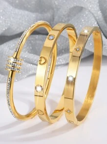 3入組精美時尚中性不鏽鋼旋轉+單排鑽石+壓花星星手環組合，適合情侶參加宴會活動佩戴 - 金色 - 查看 9