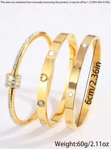 3入組精美時尚中性不鏽鋼旋轉+單排鑽石+壓花星星手環組合，適合情侶參加宴會活動佩戴 - 金色 - 查看 6