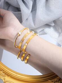 3入組精美時尚中性不鏽鋼旋轉+單排鑽石+壓花星星手環組合，適合情侶參加宴會活動佩戴 - 金色 - 查看 3