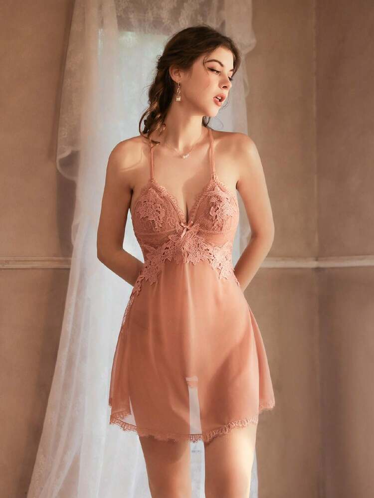 Women Sexy Lace Babydoll Lingerie Dress With Transparent Deep V-Neck And  Bow Detail Knot Strap | SHEIN USA