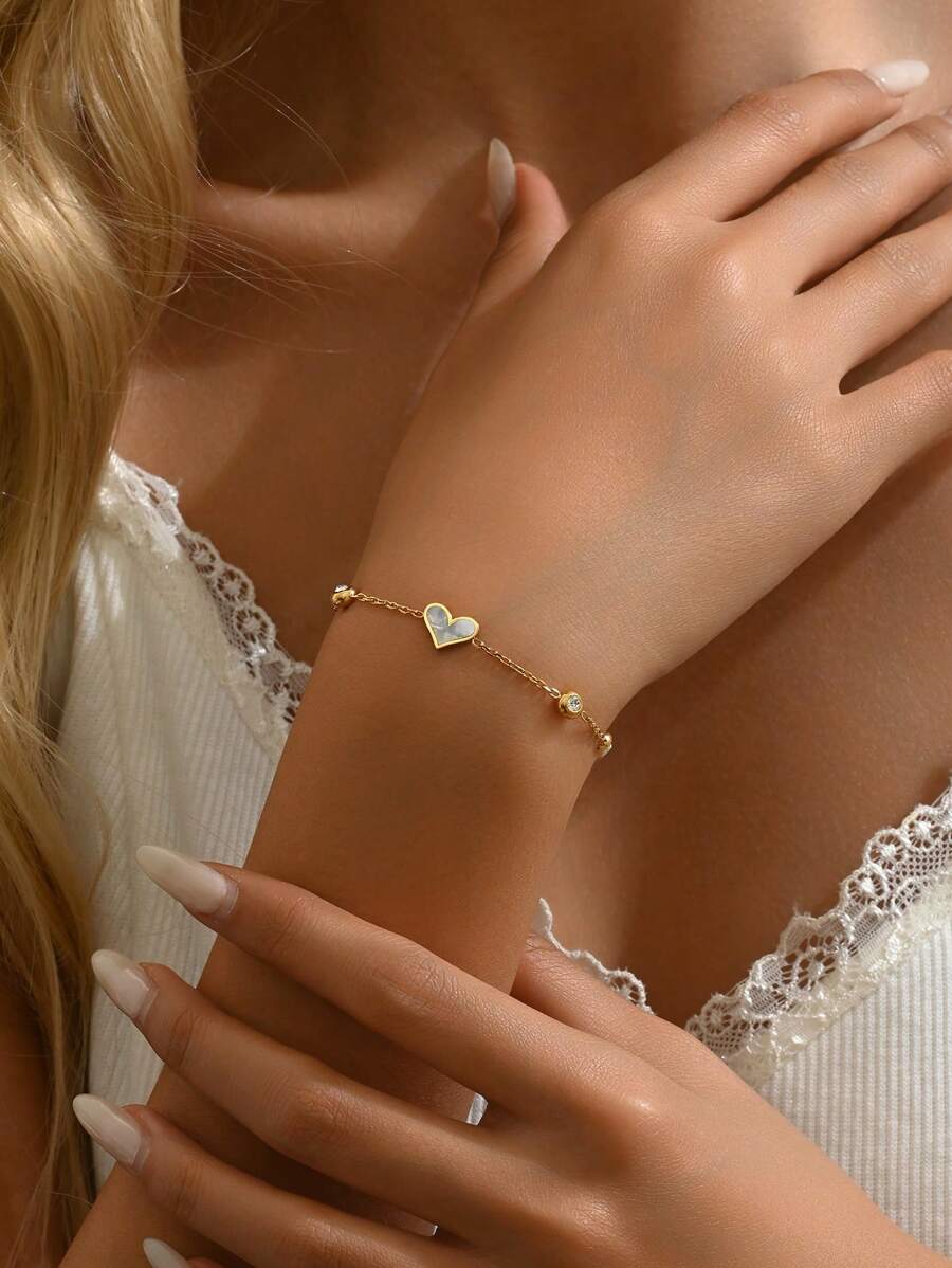 1 pieza Brazalete de acero inoxidable con forma de corazón y diamantes de imitación, caja de regalo de lujo, regalo de cumpleaños, accesorio de joyería ligero y versátil para mujeres