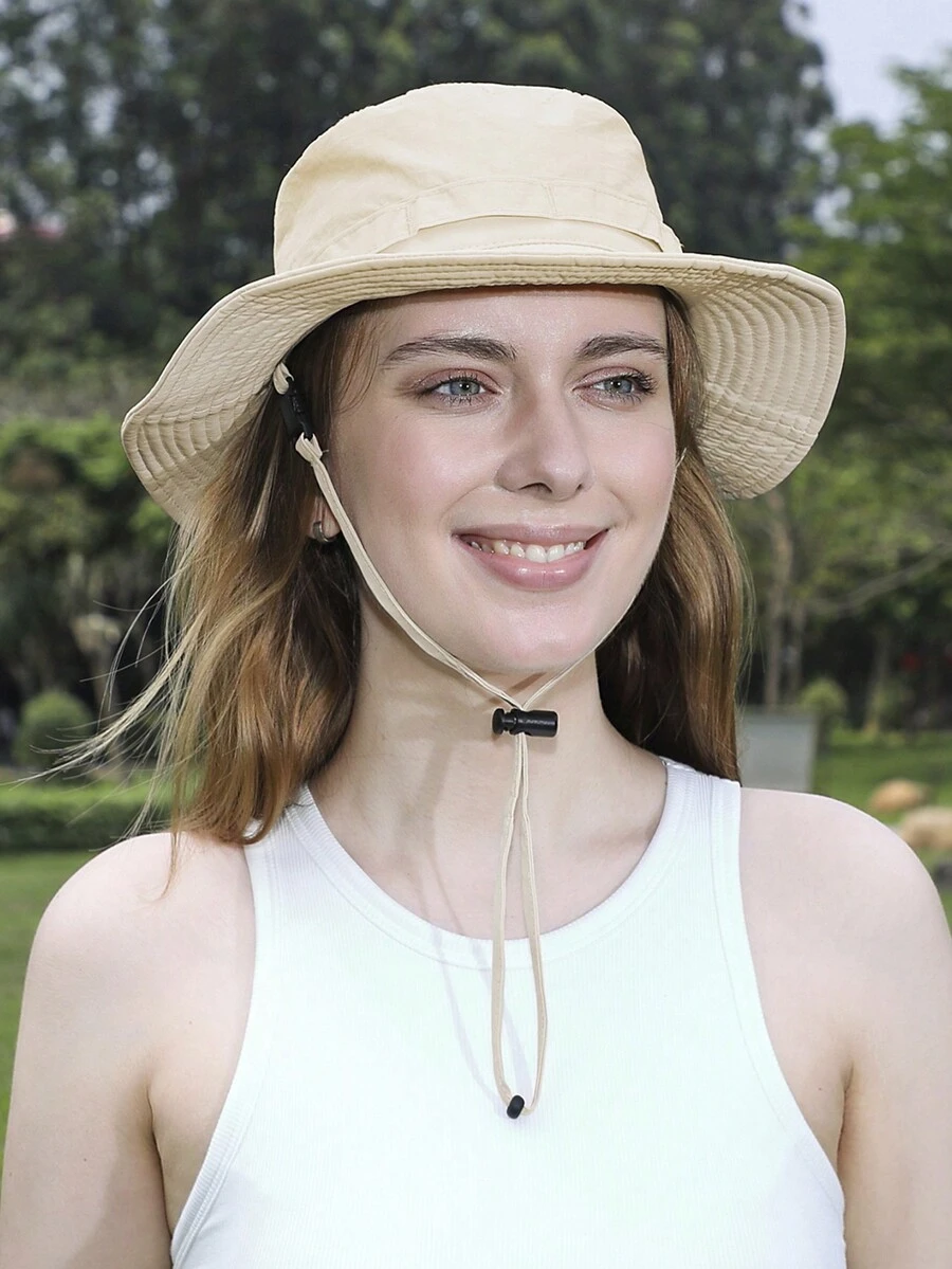 1 chiếc mũ xô chống nắng ngoài trời màu trơn có dây chống gió, có thể gấp lại và thích hợp cho việc leo núi và đi bộ đường dài - Nhiều màu - Xem 1