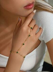 1 Stück stilvoller Edelstahl grüner Diamant-Herz-Ring & Finger Kette Armband Set, luxuriöser eleganter Party Feier Schmuck Accessoire für Frauen