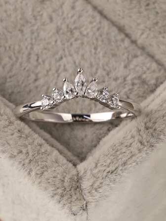 Anillo Con Detalle De Corona De Decoración De Circonia Cúbica De Plata A La Moda Para Mujer Para La Vida Diaria, Joyería Nupcial De Compromiso De Boda