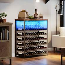 66 Bottles Wine Rack Freestanding Floor Wine Bottle Organizer Shelf  For Liquor And Glasses, 6-Tier Bar Cabinet With Tabletop & Wine Glass Holder,	‎Rustic Brown - ‎質樸棕色 - 查看 1