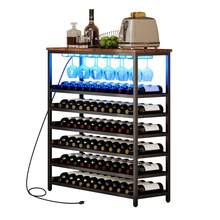 66 Bottles Wine Rack Freestanding Floor Wine Bottle Organizer Shelf  For Liquor And Glasses, 6-Tier Bar Cabinet With Tabletop & Wine Glass Holder,	‎Rustic Brown - ‎質樸棕色 - 查看 5