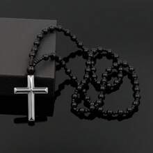 1 Stück Schwarzer Hämatit Kreuz Anhänger, Glasperlen Lange Kette, Gebet Taufe Halskette Für Männer Frauen, Christliches Geschenk