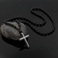 1 Stück Schwarzer Hämatit Kreuz Anhänger, Glasperlen Lange Kette, Gebet Taufe Halskette Für Männer Frauen, Christliches Geschenk