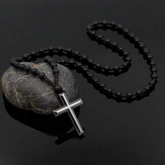 1pc Black Hematite Cross Pendant, Glass Bead Long Chain,  Prayer Baptism Necklace For Men Women, Christian Gift