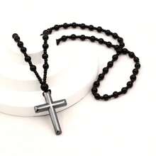 1 Stück Schwarzer Hämatit Kreuz Anhänger, Glasperlen Lange Kette, Gebet Taufe Halskette Für Männer Frauen, Christliches Geschenk