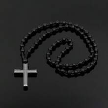 1 Stück Schwarzer Hämatit Kreuz Anhänger, Glasperlen Lange Kette, Gebet Taufe Halskette Für Männer Frauen, Christliches Geschenk
