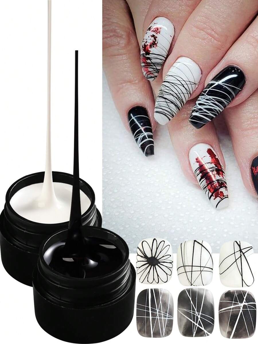 2支装 5ml 黑白美甲蜘蛛胶 可卸UV凝胶指甲油 彩绘拉丝美甲美睫DIY美甲艺术胶水