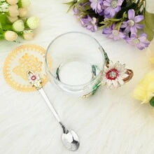 Blumentee-Tasse handgefertigt aus emailliertem Glas Kaffeetassen mit Löffel Retro emaillierte Blumentee-Tasse für Frauen Geburtstag, Muttertag, Jubiläum, Valentinstag Weihnachtsgeschenke - Transparente Farbe 320ML - Übersicht 4
