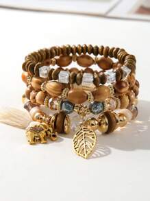 4入組波西米亞風格木珠和壓克力珠混搭吊墜彈性手鍊,帶華麗大象、葉子和流蘇,適用於女性 - 彩色 - 查看 12