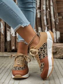 Maillard Cross-Border New Arrival Leopard Print Round Toe Low-Top Sneakers Large Size Sport Casual Flat Running Hiking Shoes