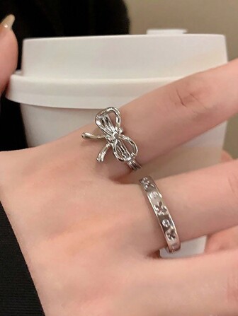 2個セットアシンメトリーリボンリング、秋冬のレディースファッショナブルで極小主義的なステートメントリング、バレンタイン、母親、母の日のギフト