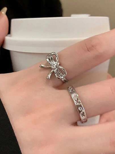 2 件/套不对称蝴蝶结戒指，秋冬季女士时尚简约个性戒指情人节、妈妈、母亲、母亲节、礼物