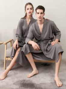 1pc Lightweight Fashionable Home & Beach & Couples & Skin-Friendly & Simple Grid Pattern Bathrobe With Quick Water Absorption Summer Wedding Home Bathroom Decor Back To School - Grey - View 4