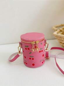 1 件纯色 PU 拉链开合樱桃迷你水桶包休闲斜挎包，适合日常使用