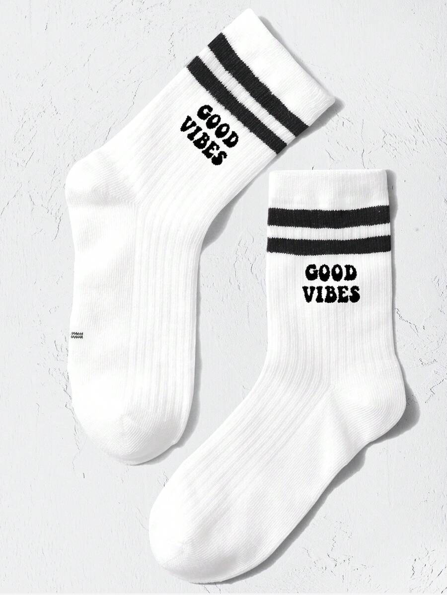 1 pair of children's letter vertical parallel bars sports socks for back to school - Black and White - View 1