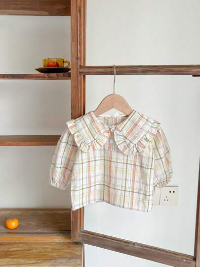 2 件 2024 春夏女童薄款白色格子领长袖衬衫，宽松版型 - 根据身高选择尺码