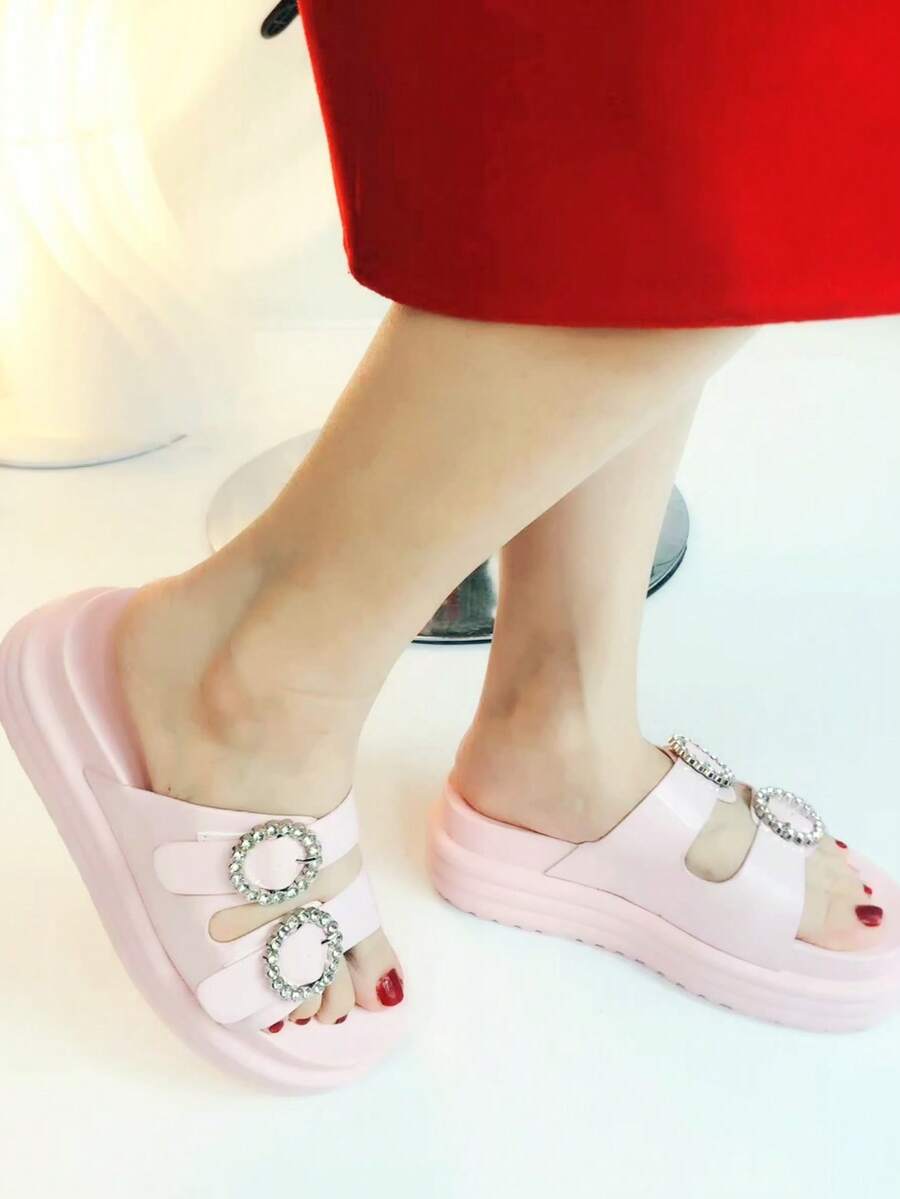 Sandalia De Verano De Tacón Alto Con Plataforma Para Mujer, Correa Con Efecto Brillante, Doble Hebilla De Pedrería, Puntera Abierta Y Diseño De Moda - Rosa - Ver 1