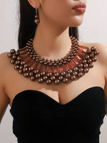 3入組樹脂珠子扇形掛墜，中空個性誇張高端優雅女士珠寶套裝 - 項鍊三件套 - 查看 9