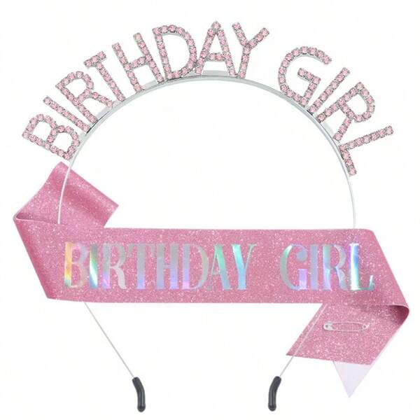 1PC Pink Birthday Sash For Girl Pink Birthday Girl Sash Glitter Birthday Sash And Tiara For Girl Birthday Crowns For Girl Happy Birthday Decorations Accessories Rhinestone Birthday Girl Headband