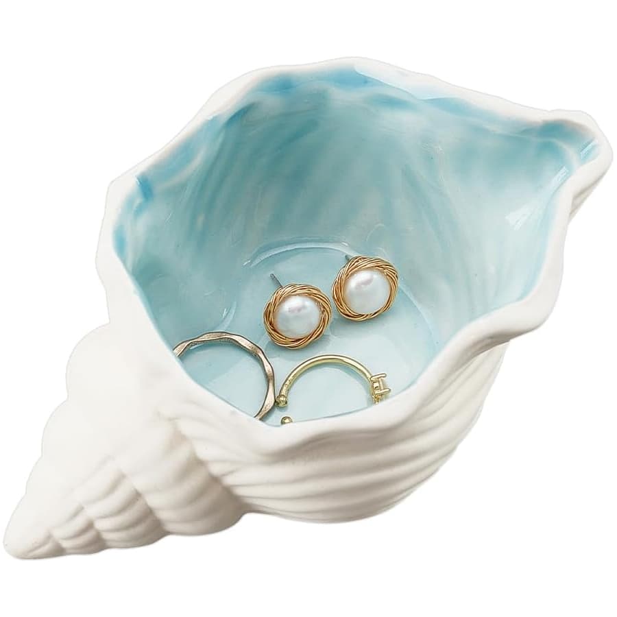 Conch Shaped Ceramic Jewelry Tray, Water Shell Jewelry Tray, Ceramic Ring Earring Holder, Ocean Theme Decorative Jewelry Tray For Rings Earrings Necklaces Bracelets Jewelry Watches Keys Decorative Office Small Items Storage Rack White Ceramic Gifts For Women Sun Travel Cool Back To School - Conch - View 1