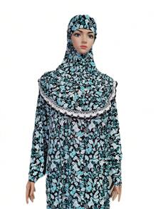 Áo choàng dài trùm đầu họa tiết hoa loa kèn Boho dành cho nữ dùng để thờ cúng, dáng rộng, có tay áo và băng đô Hijab cho trang phục Abaya che mặt - Nhiều màu - Xem 3