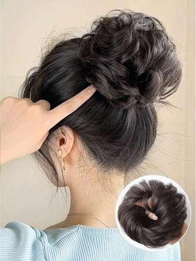 合成凌乱卷发髻 发髻 甜甜圈 棕黑色 弹性橡皮筋发髻 夹 马尾辫 假发绳 1 件