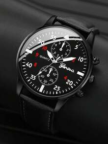 1只日內瓦黑色皮帶時尚手錶,具有雙眼和指針式石英運動 - 黑色 - 查看 4